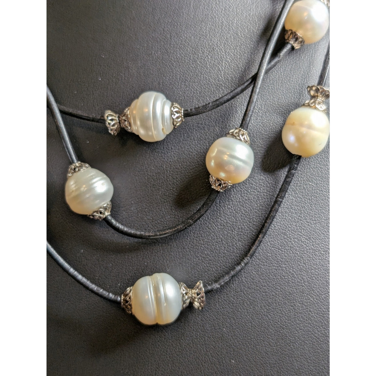 925 Sterling Three Strand Floating Genuine Freshwater Pearl Corded Necklace