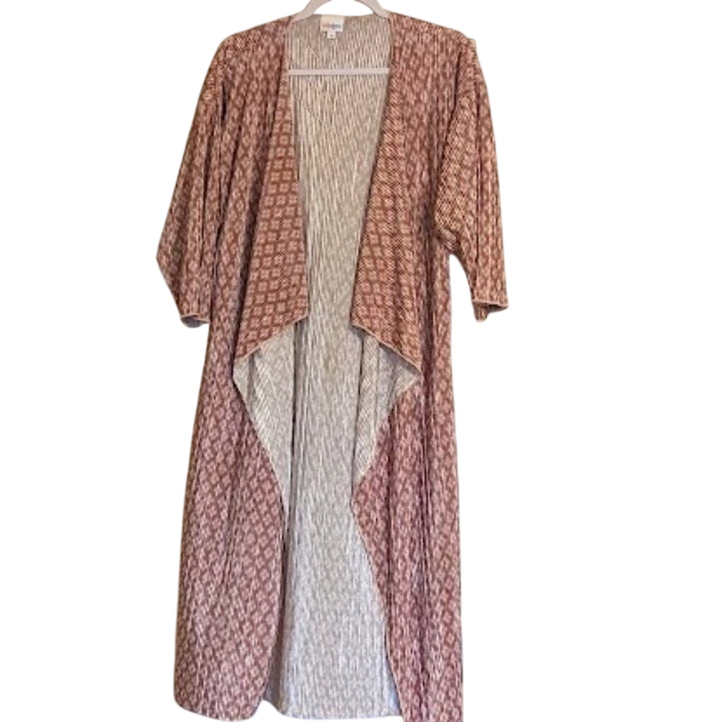 LulaRoe Women's Size M Shirley Pink Geometric Open Long Duster Cardigan Pleated