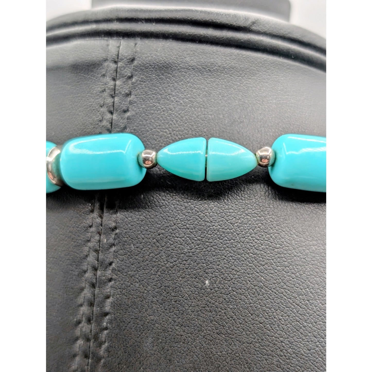 Vintage Bohemian Lucite Blue Barrel & Silver Tone Beaded  Approx. 28" Necklace