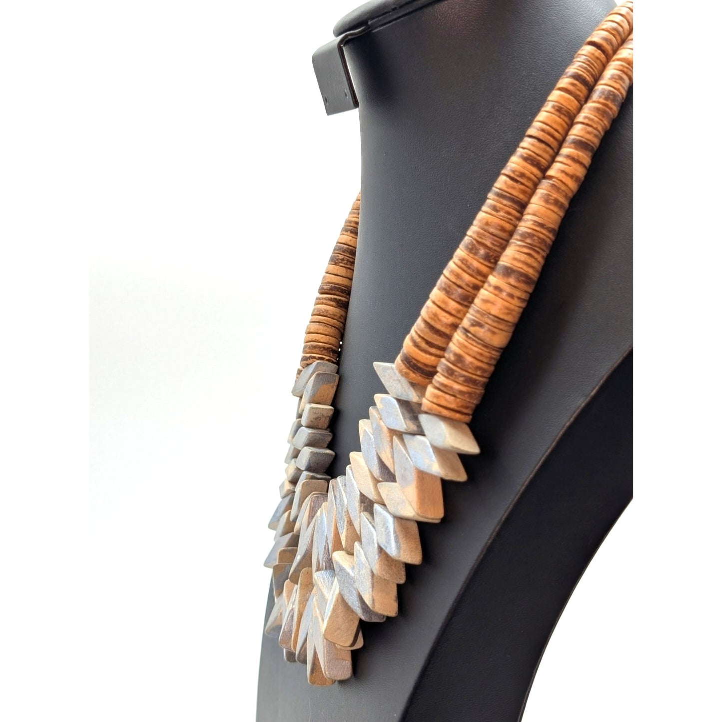 Tribal Hand Made Wood Two Strand Chevron Design Disk Bead Pull String Necklace
