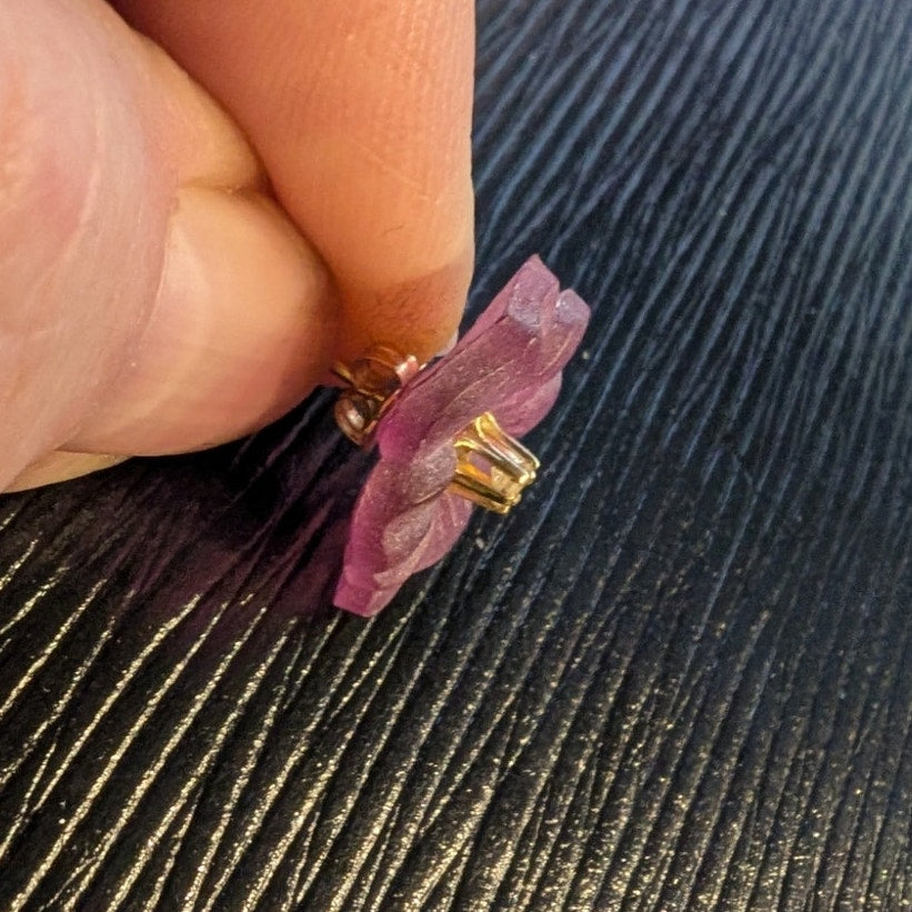 14k Vtg Tested Diamond Stud Earrings W/ Removable Purple Carved Flower Jacket