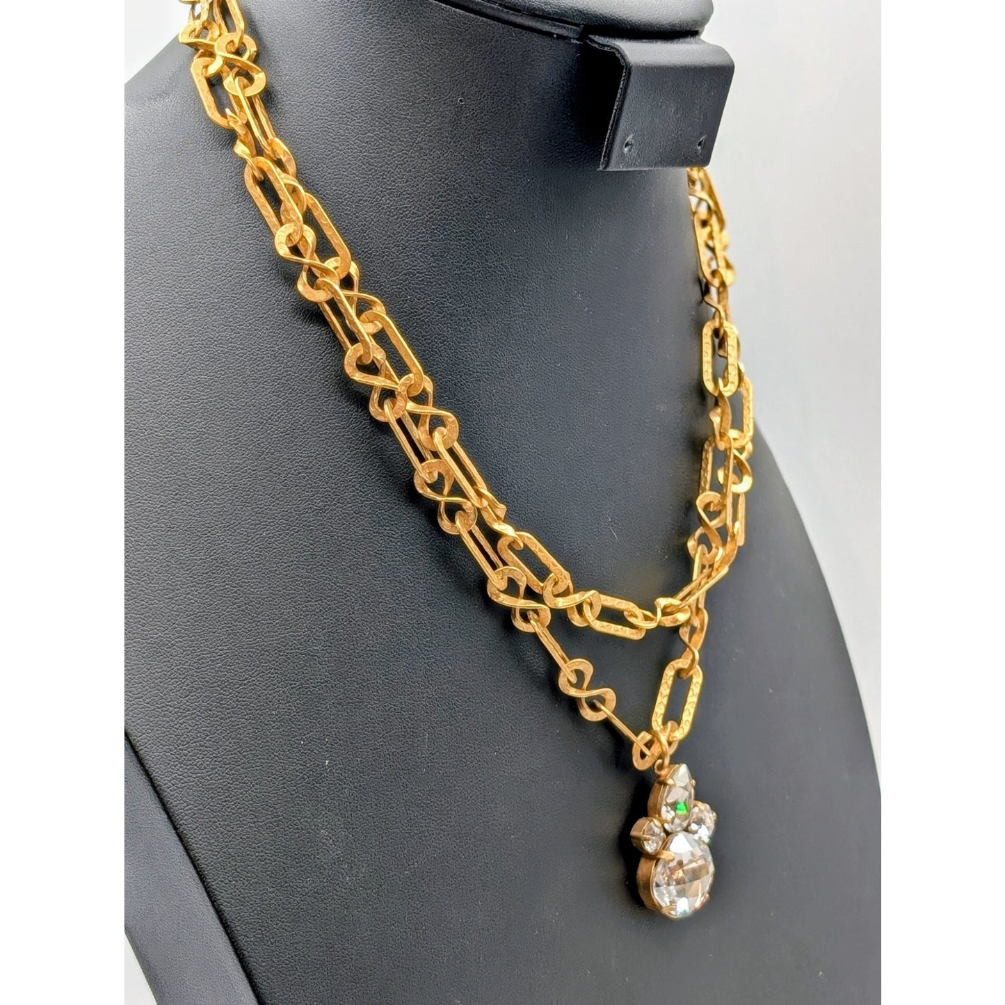 Catherine Popesco France 2 Strand Gold Tone Chain Rhinestone Pendant Necklace
