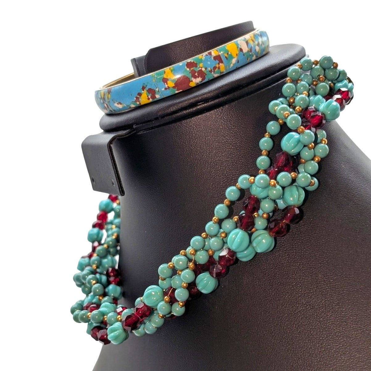 Vintage Faux Turquoise Carved & Red Crystal Torsade Hook Clasp Necklace