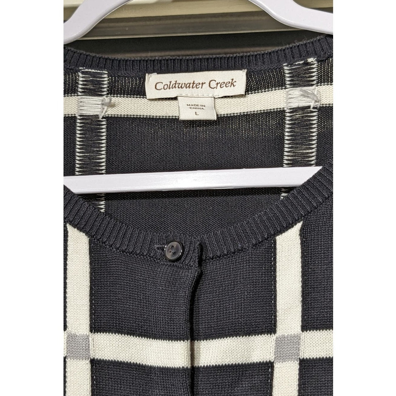 Coldwater Creek Black Cream Gray Plaid 3/4 Length Sleeve Cardigan Womens Sz L