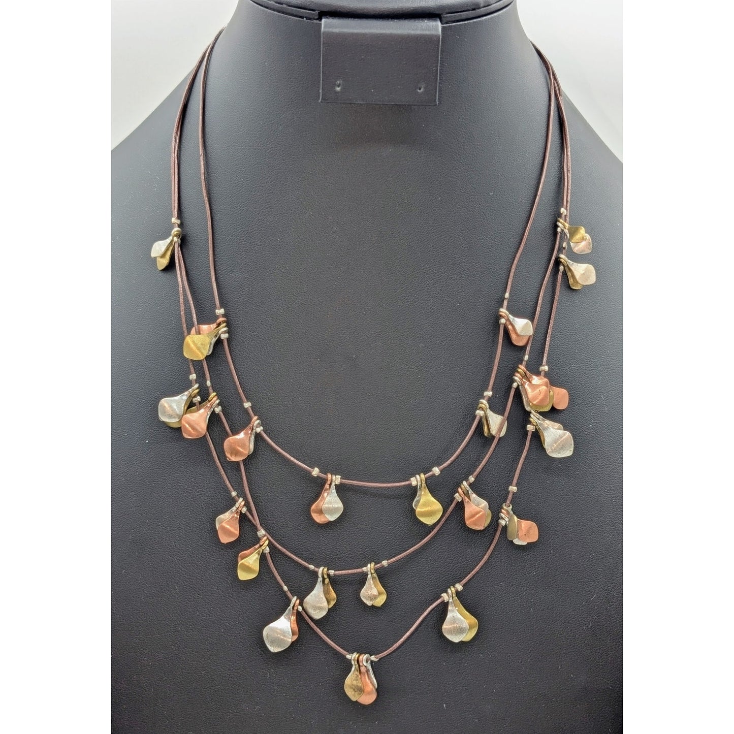 Brown Triple Corded Strand Tri-Color Metal Dangle 18"-20" Necklace
