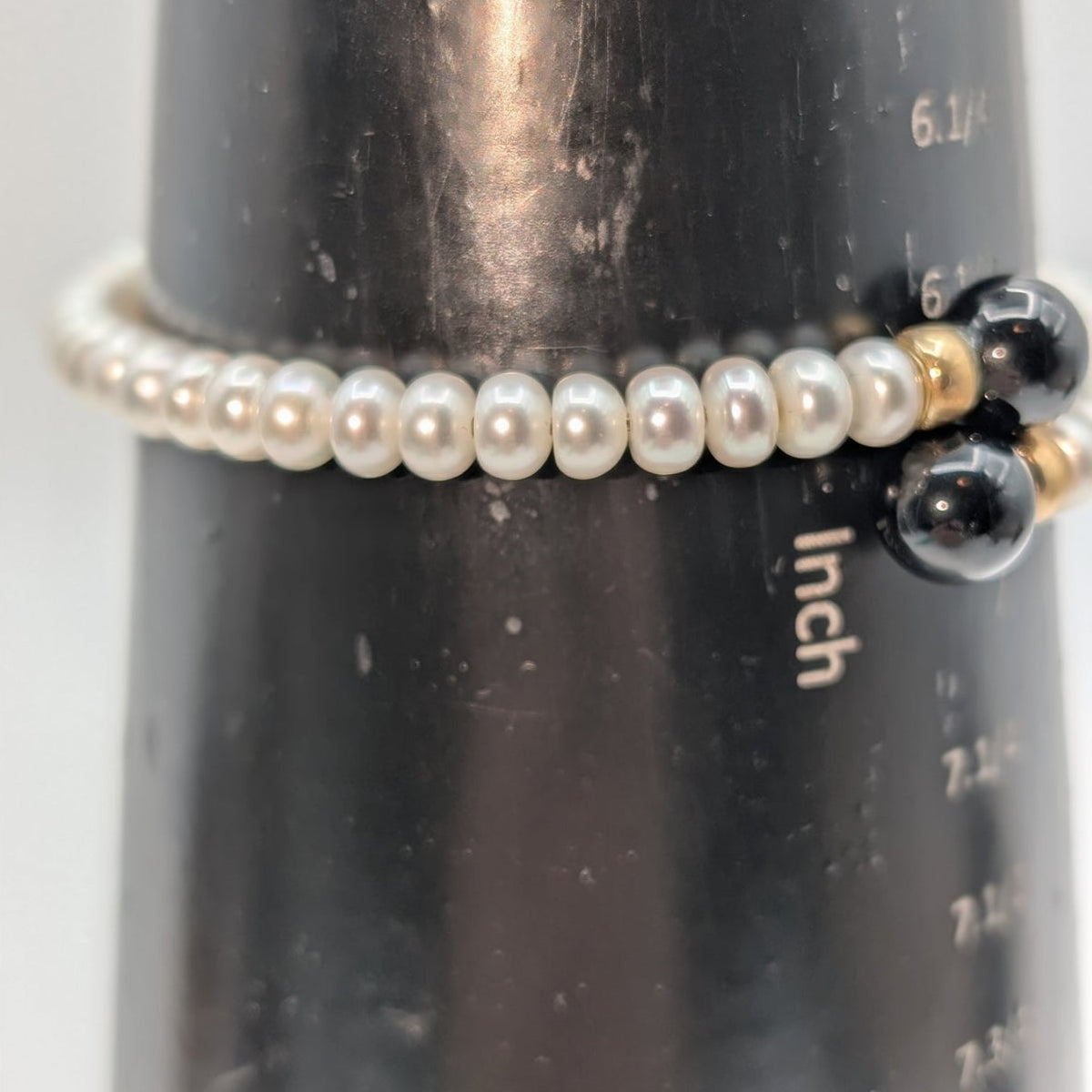 Freshwater Pearl Black Onyx End 14K Gold Accent Beaded Wire Wrap Bracelet