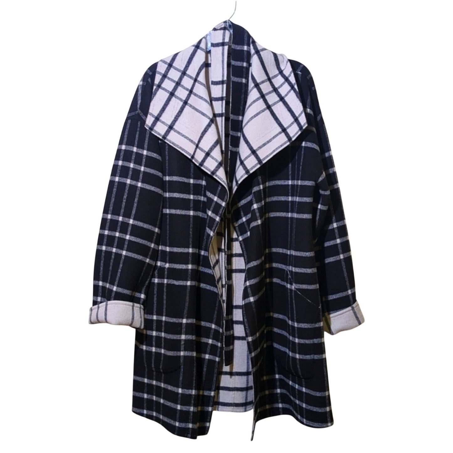 Alfani Black & Gray Plaid Reversible Belted Wrap Wing Collar Coat Women's Sz M/L