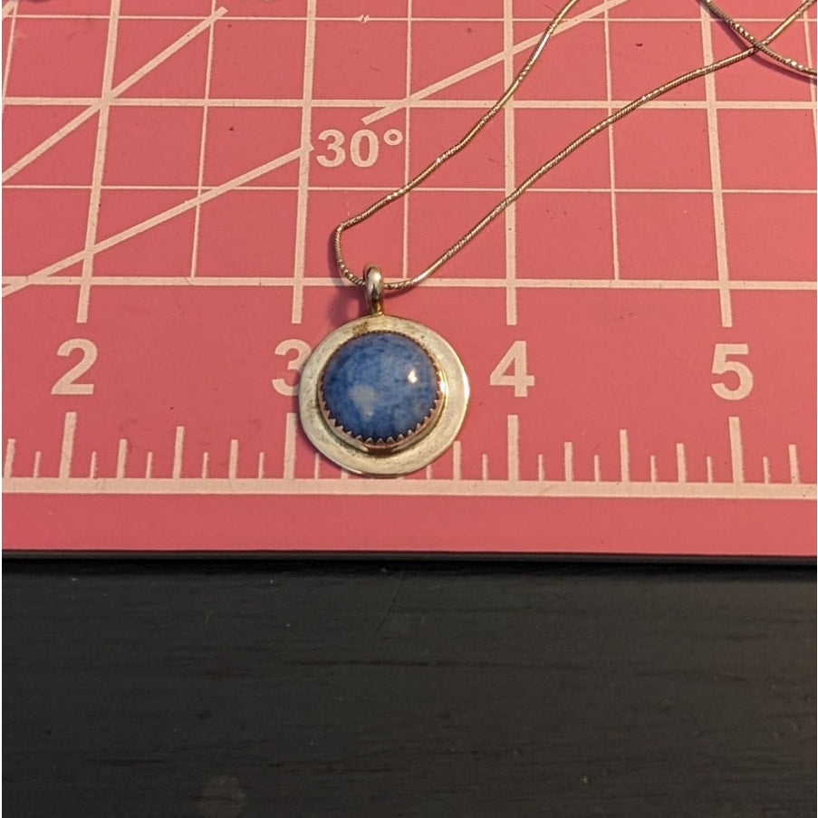 Signed OP Sterling Silver Round Blue Quartz on Unique Cut 925 18" Chain Necklace