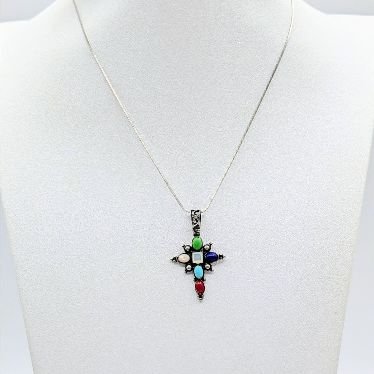 Vintage 925 Sterling Multi-Stone Cross Pendant 16" Square Snake Chain Necklace