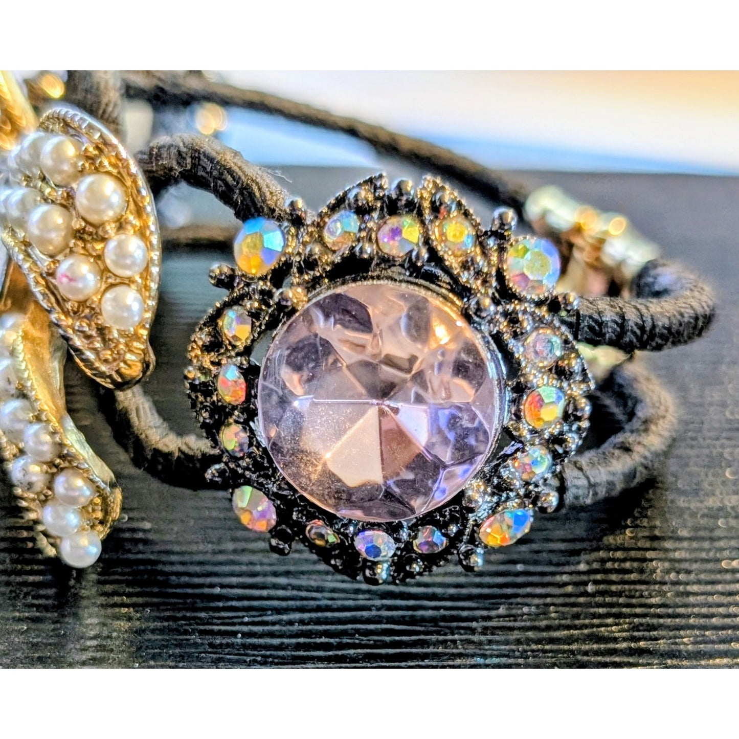 Betsey Johnson Faux Pearl Rhinestone Embellished Bow Hinged Cuff Bracelet