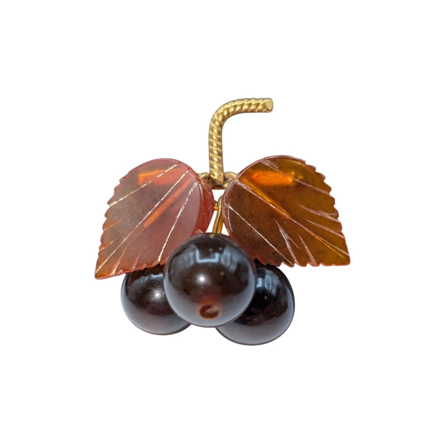 Vintage USSR 1980s Baltic Amber Cherry Gold Plated Brass Frame Brooch