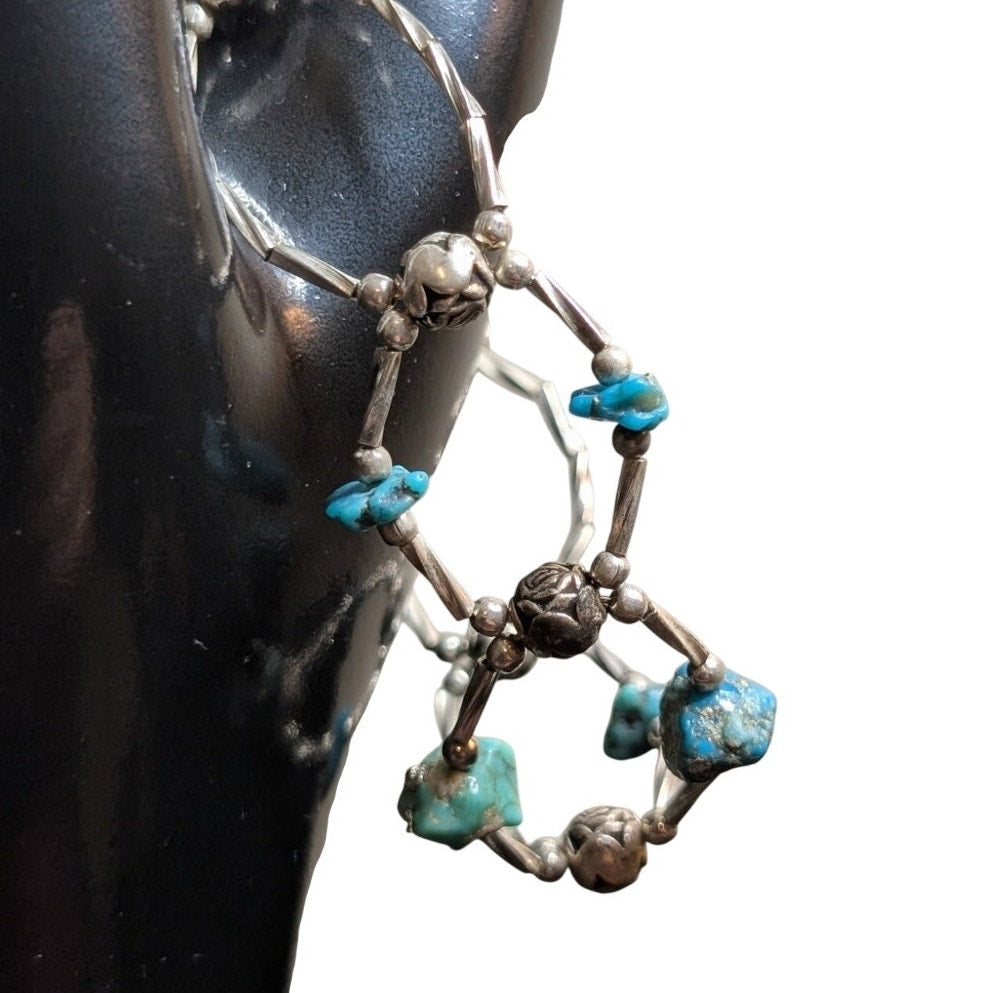 Vintage 70s Twisted Liquid Silver Turquoise Bead Barrel Clasp Bracelet