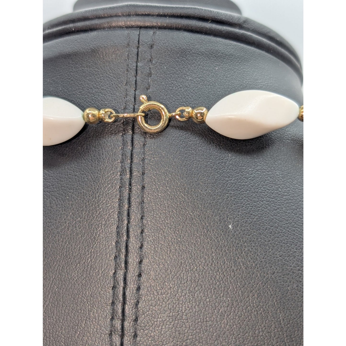 Vintage 70s Signed Trifari White Oblong Twisted Gold Bead 22" Necklace