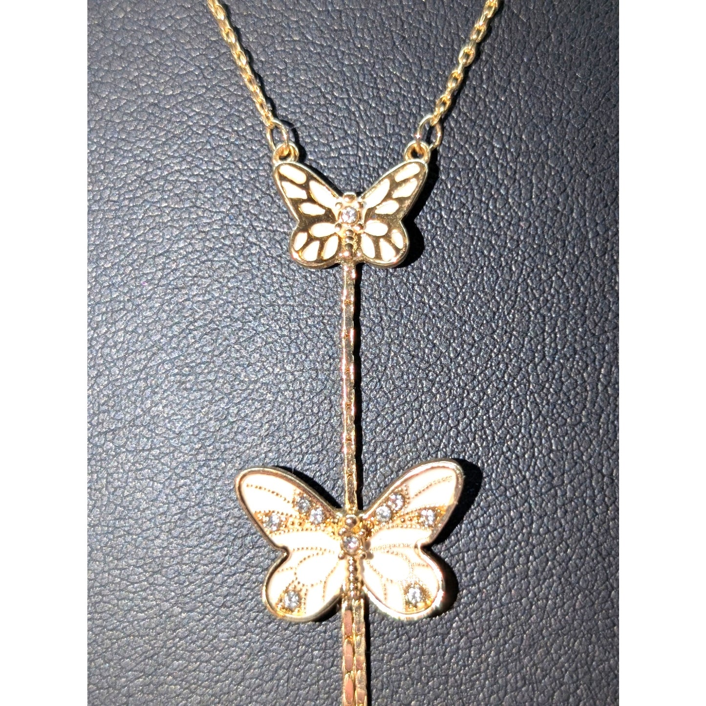 Jessica Simpson Gold Tone Two White Sparkle Butterfly Tassel 16"-19" Necklace