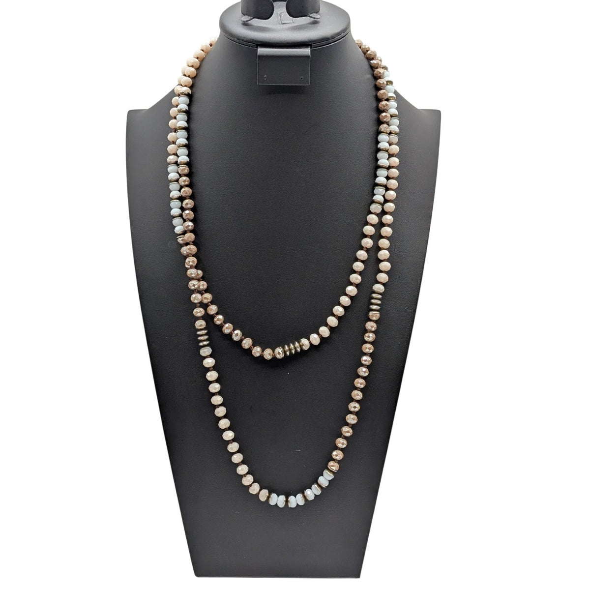 Long Strand Taupe Champagne Czech Milk Glass Silver Rondelle Bead Boho Necklace