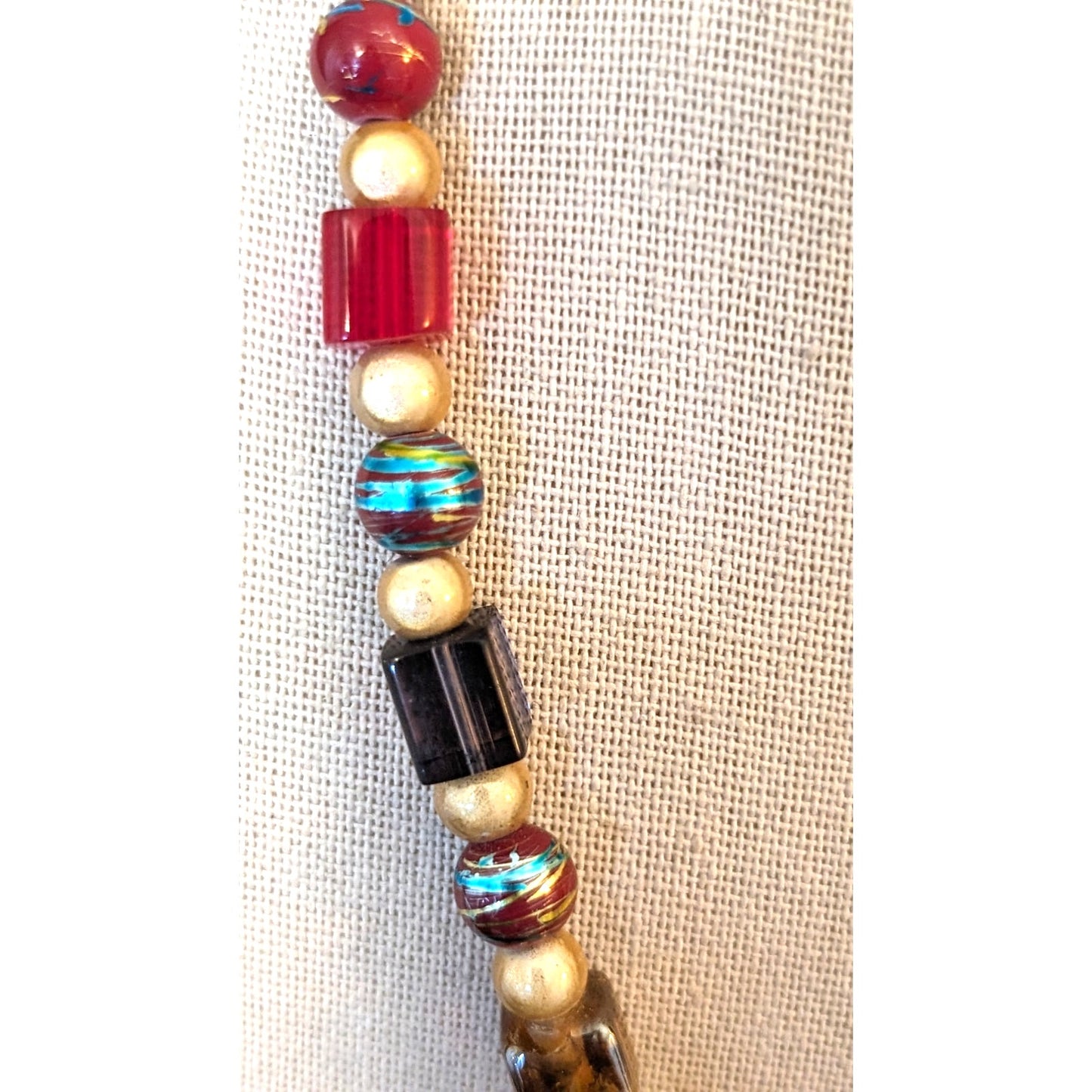 Vintage Metallic Drawbench, Square Lampwork, Art Glass 925 Clasp Bead Necklace