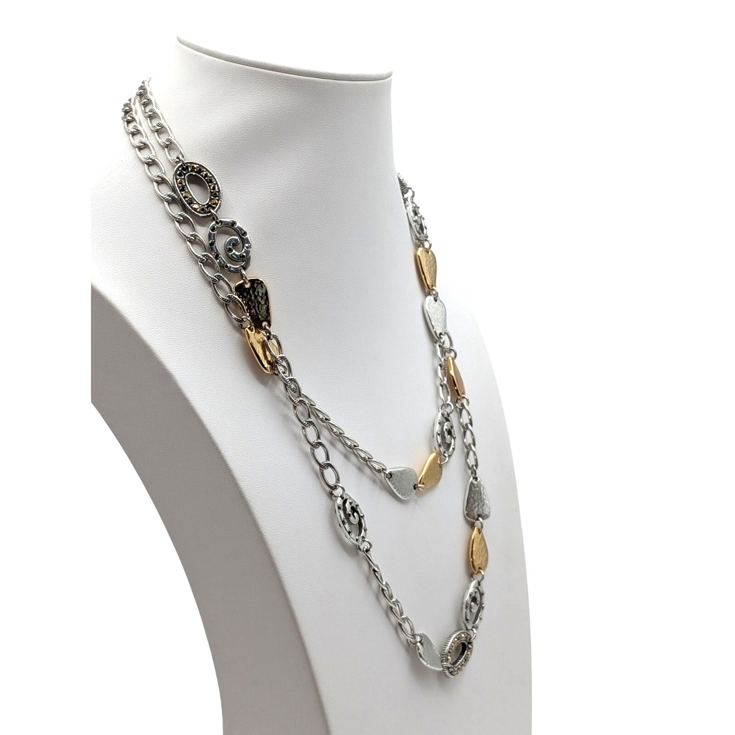 Brighton MELANGE XL Layering Two Tone Hammered Swirl Crystal Chain Necklace