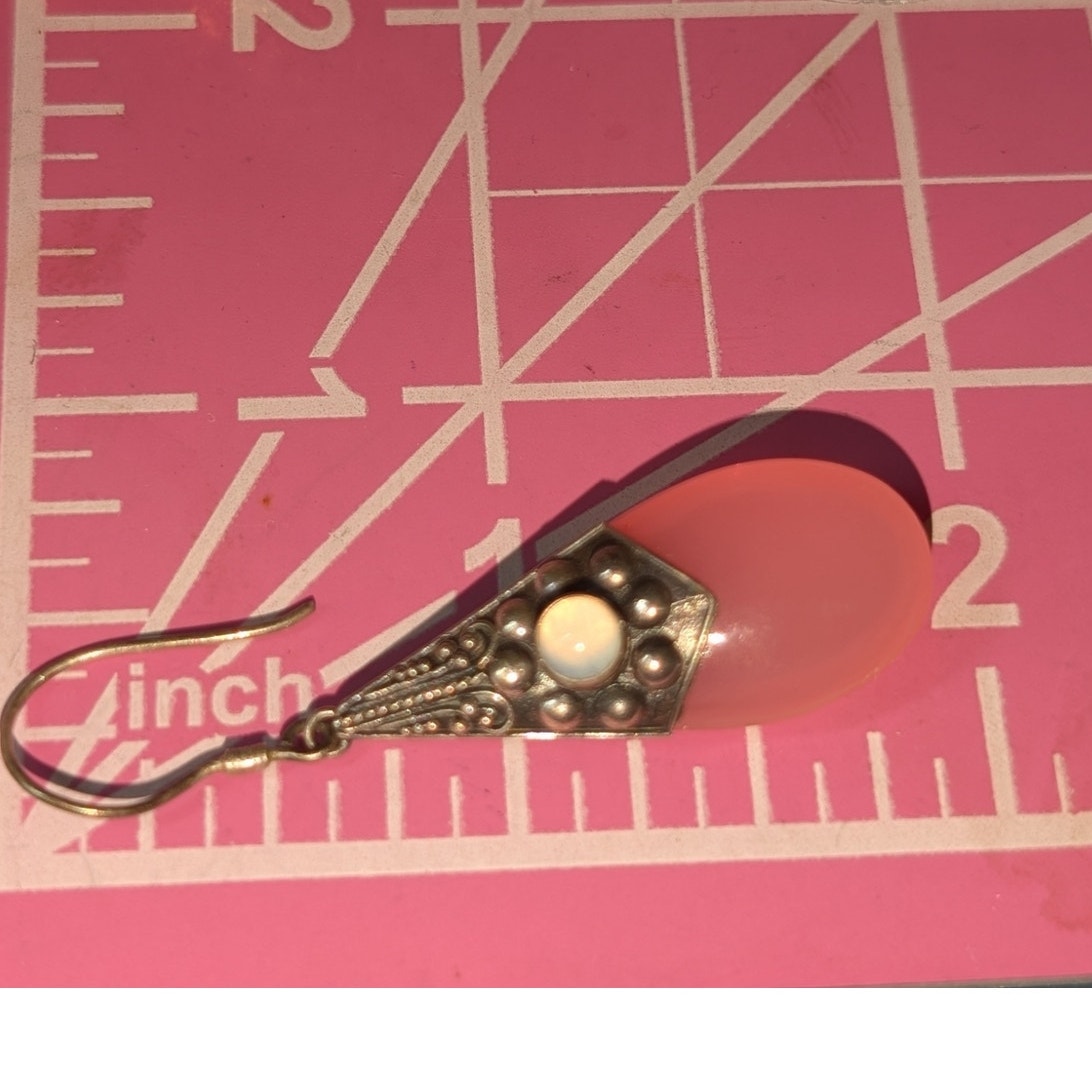 Vintage 925 Sterling Silver Pink Opalite Dangle Tribal Balinese Earrings