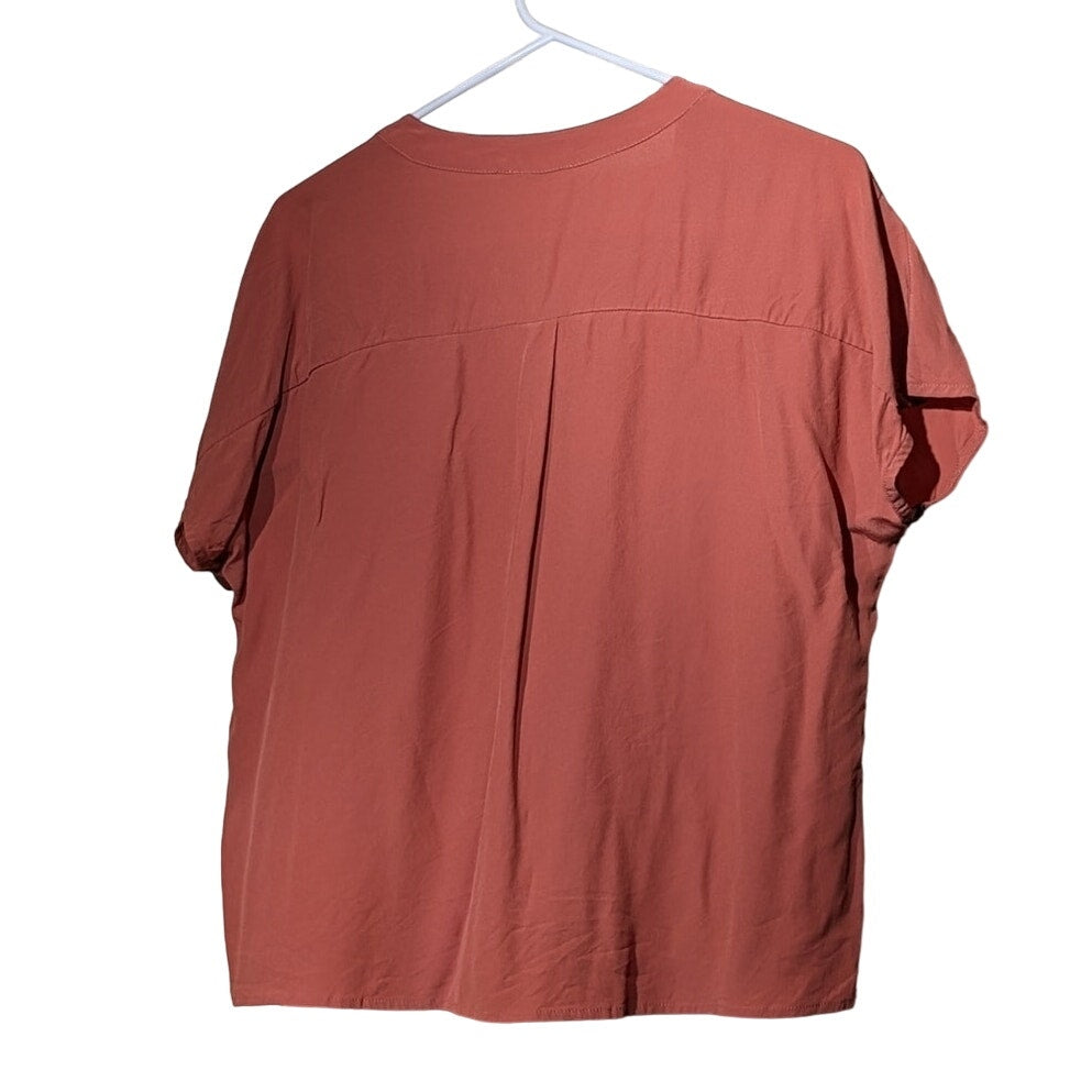 Lovestitch Brick V-Neck Button Up Tie Front Short Sleeve Blouse Womens Sz L