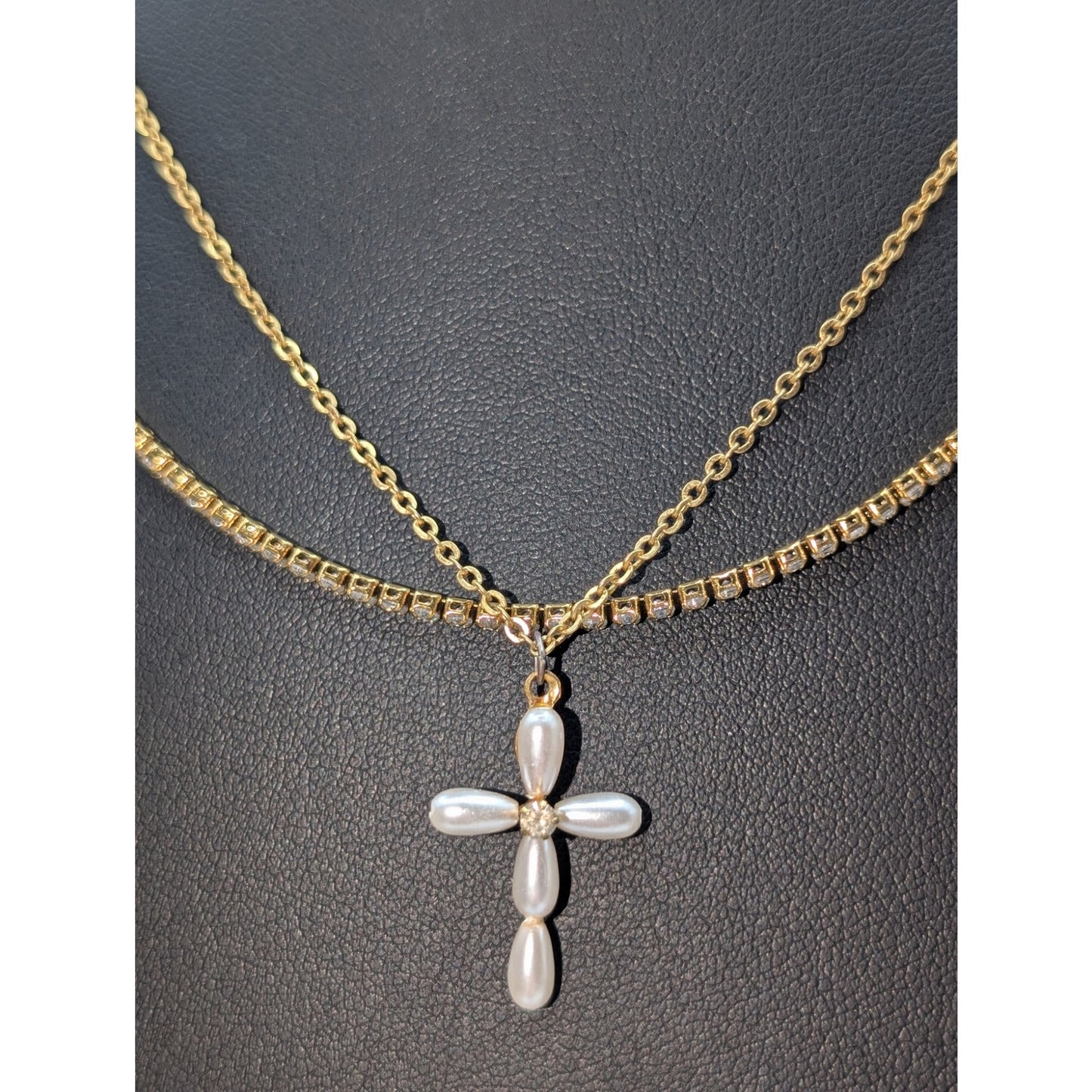 Lot of Four Gold Tone Chain Pendant Station Faux Pearl Rhinestone Necklaces