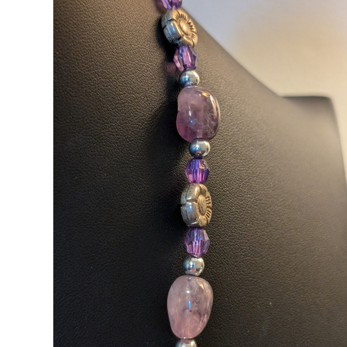 Amethyst Stone Purple Glass & Silver Tone Flower Bead 19.5"-22" Necklace