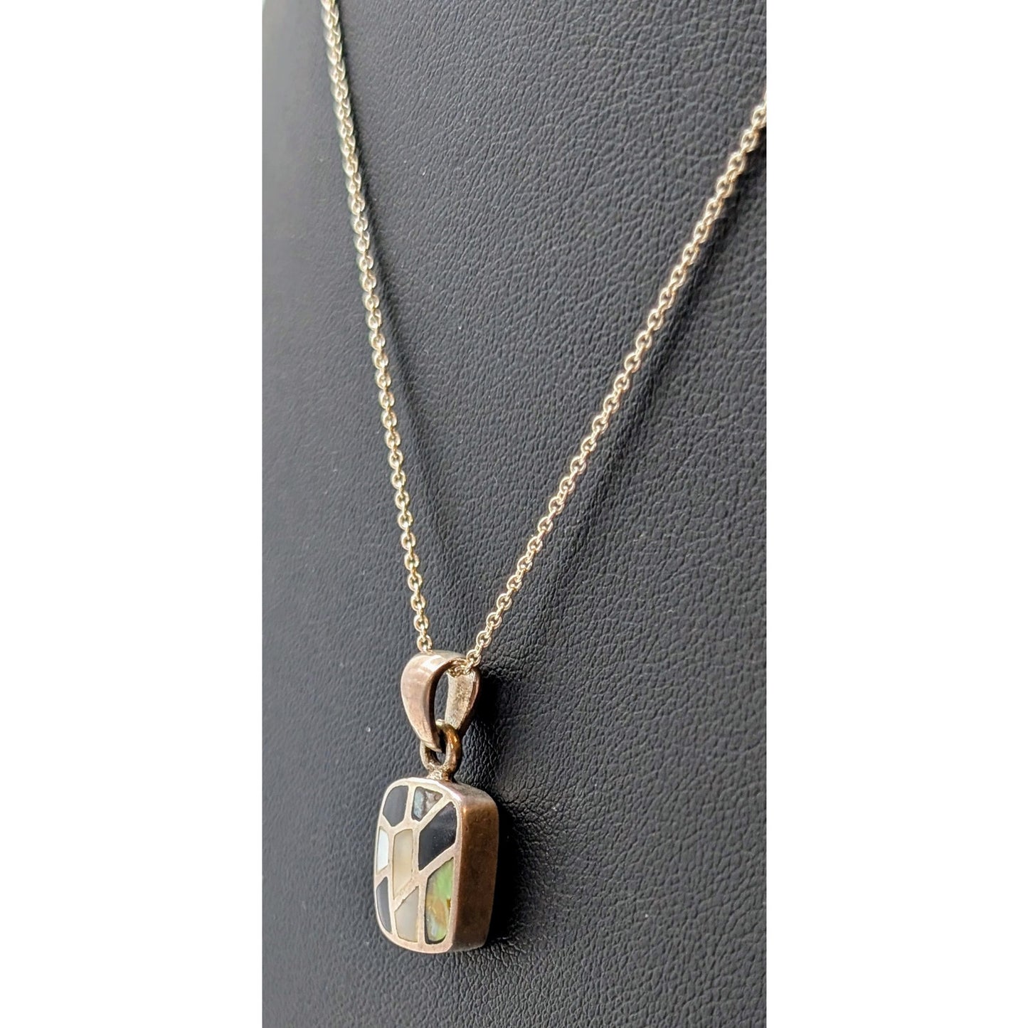 VTG 925 Sterling Silver Marsala MOP Abalone Onyx Inlay Pendant 17.5" Necklace