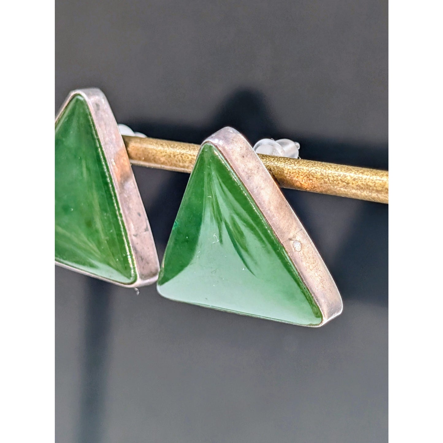 Vintage Signed Sterling Silver Nephrite Jade Stone Triangle Stud Earrings