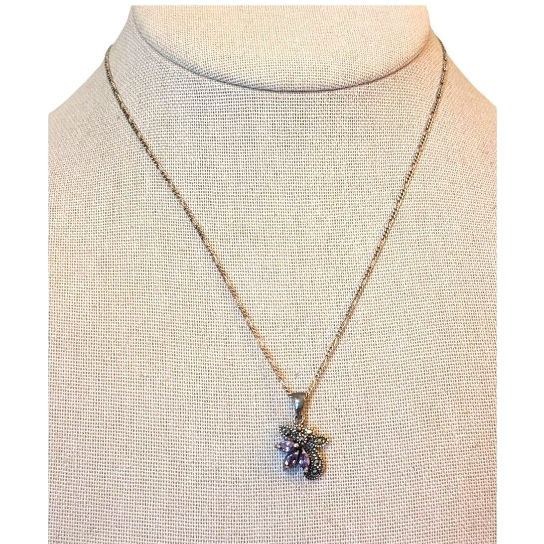 Vtg 925 Marked 'M' Marcasite & Three Purple Marquis Cut Crystal Pendant Necklace