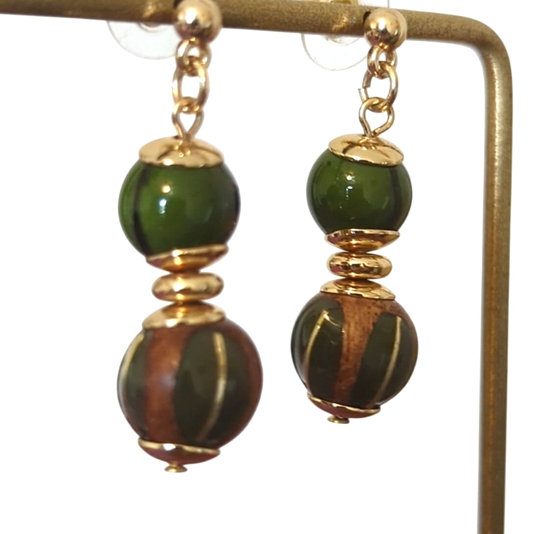 Green/Brown Bead Dangle Post Earrings
