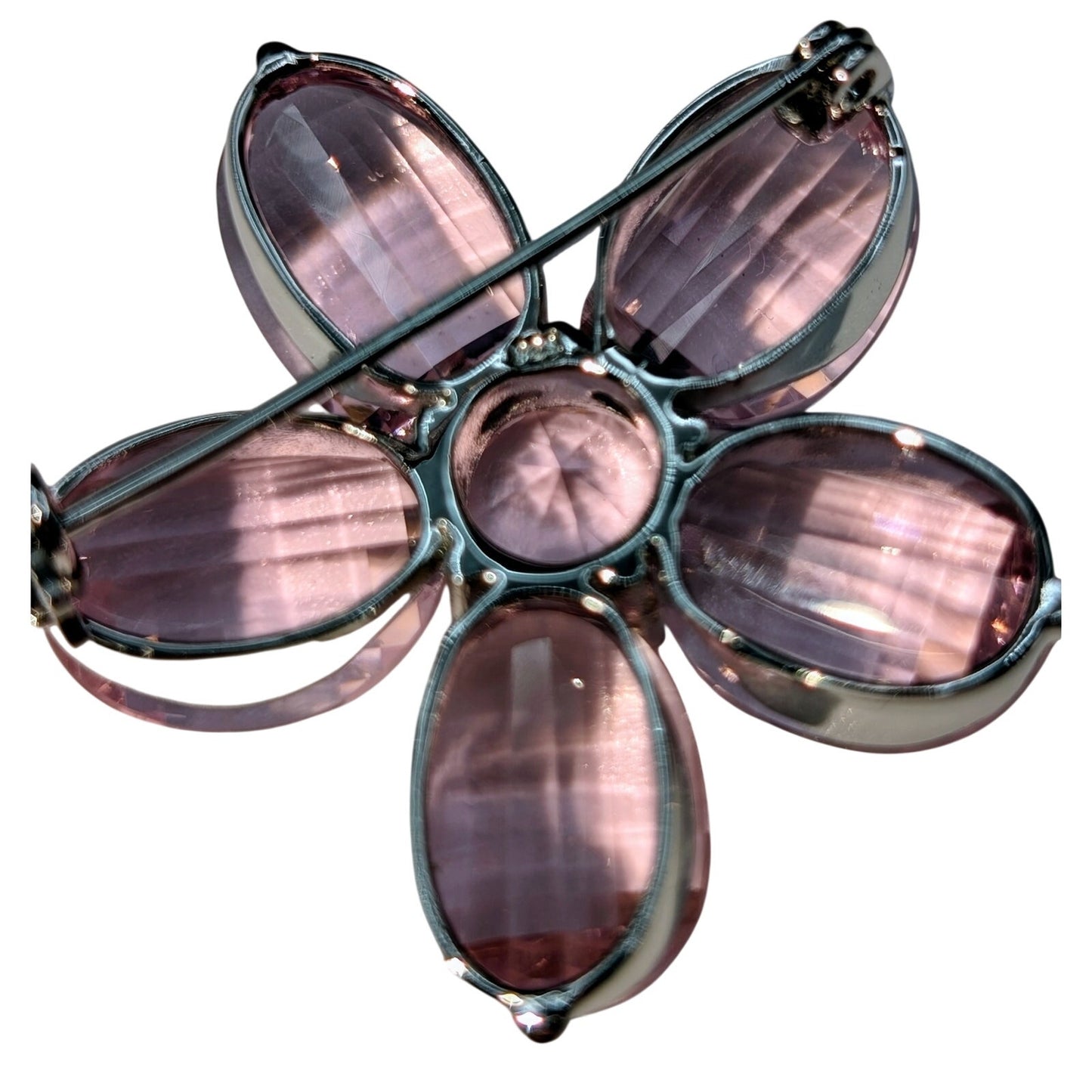 925 Sterling Silver Pink Faceted Flower Brooch