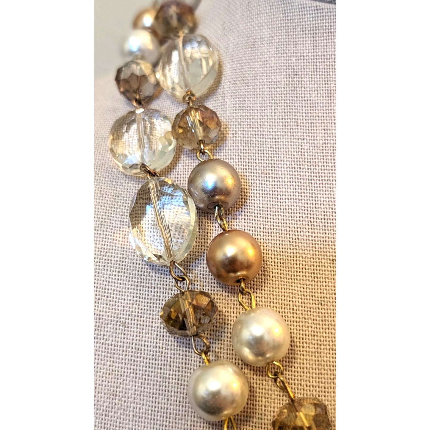 Gold Champagne Cream Pearl Crystal Bead Long 43" Necklace