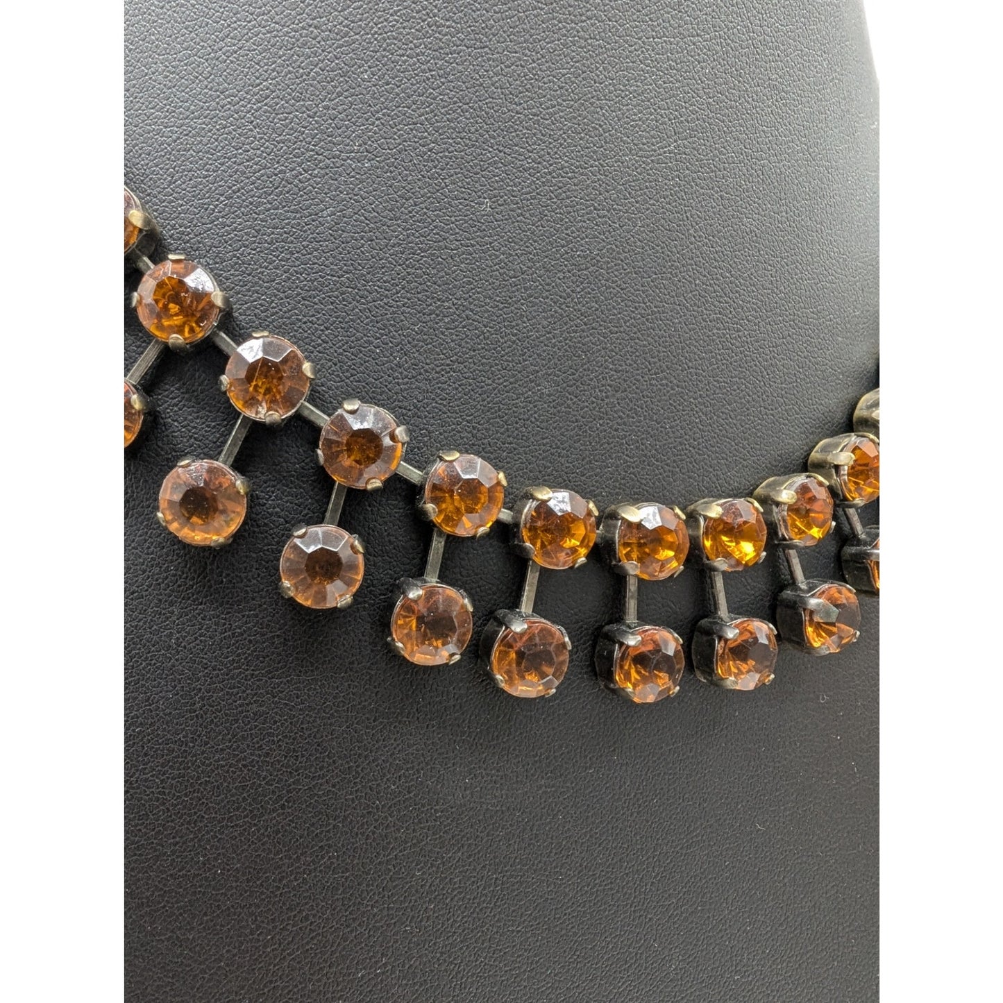 Smoky Topaz Color Rhinestone Bronze Metal 15"-18" Collar Statement Necklace