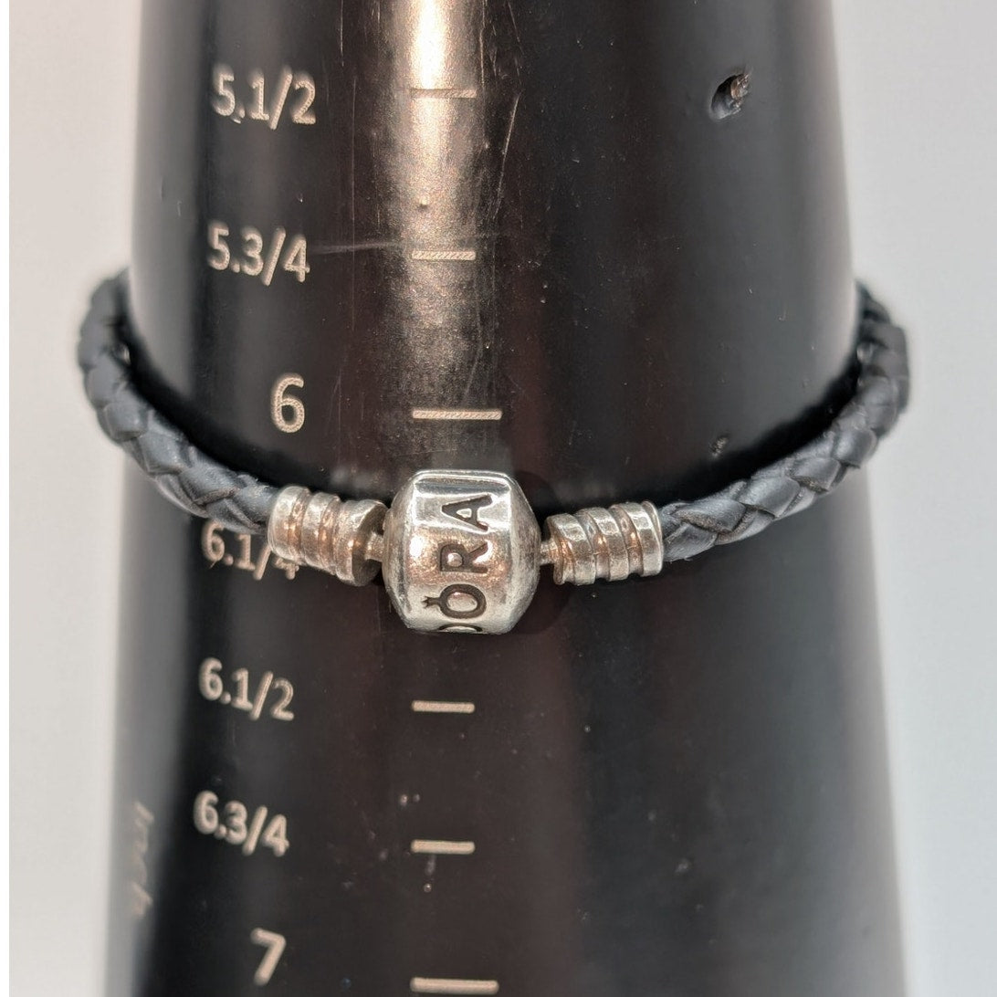 Vtg Pandora ALE Braided Black Leather 925 Sterling Silver Barrel Clasp Bracelet