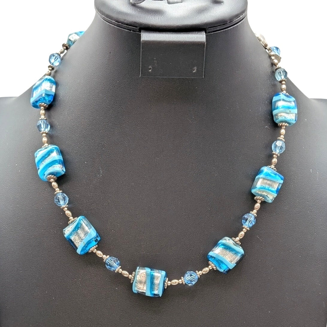 Vintage LCG 925 Sterling Silver Blue Striped Foil Murano Bead 18"-21" Necklace