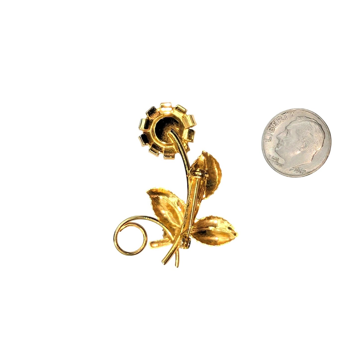 Vintage Gold Tone Clear Rhinestone Flower W/ Leaves Brooch