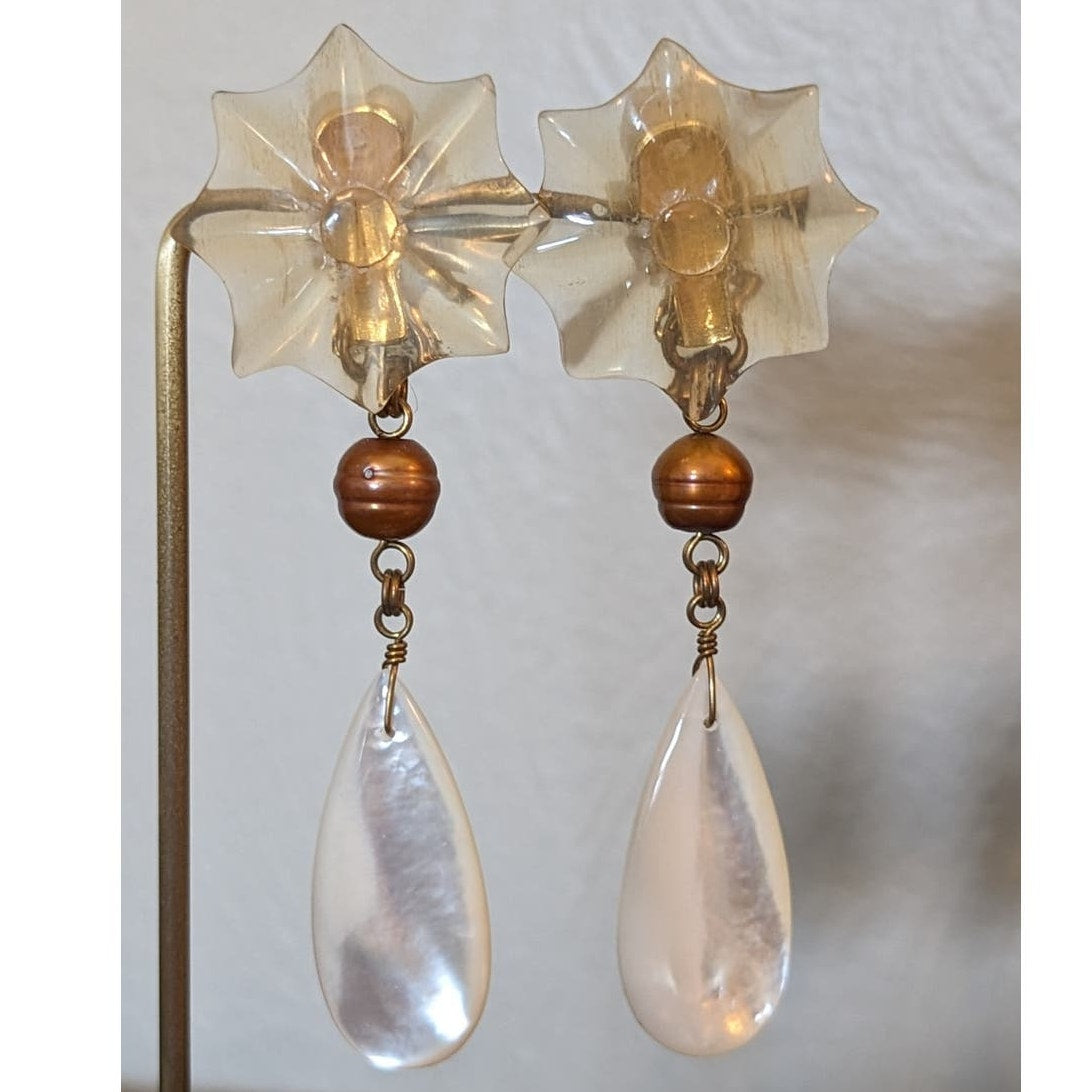 Signed Stephen Dweck Sterling Flower Bronze Pearl Mother of Pearl Earrings
