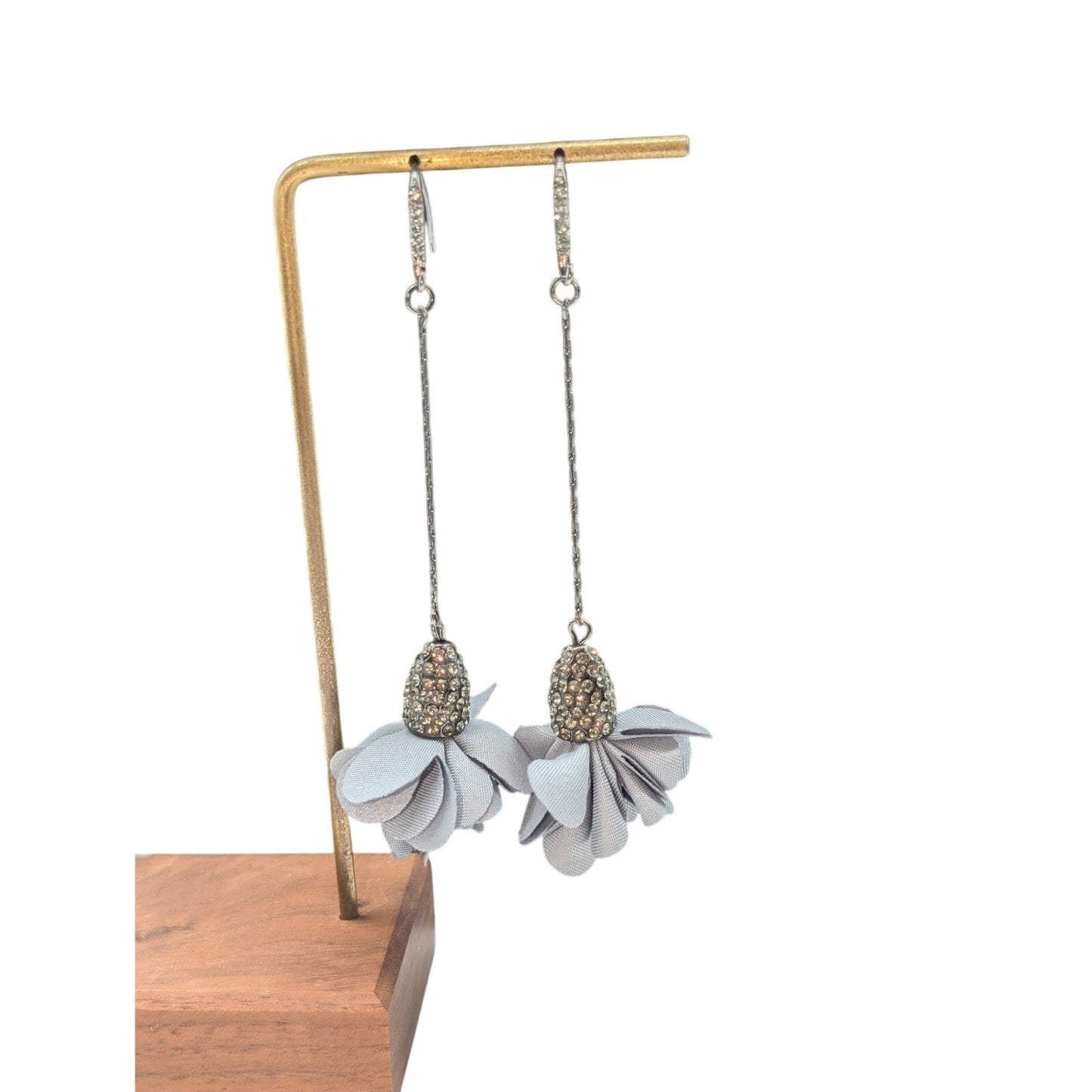 International Concepts Gray/Blue Fabric Flower Rhinestone Long Dangle Earrings