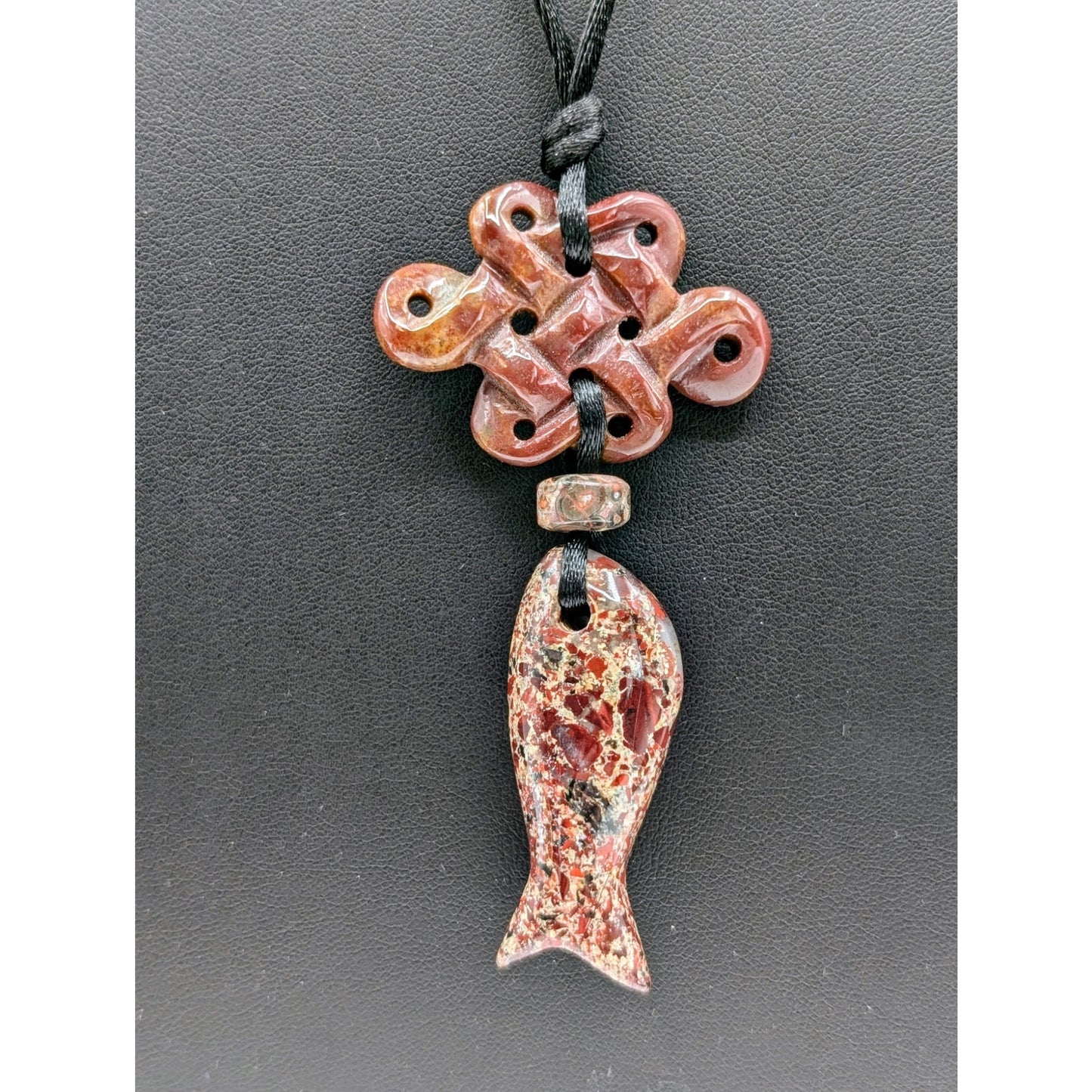 Carved Stone Eternity Knot Fish Pendant Corded Barrel Clasp 22" Necklace