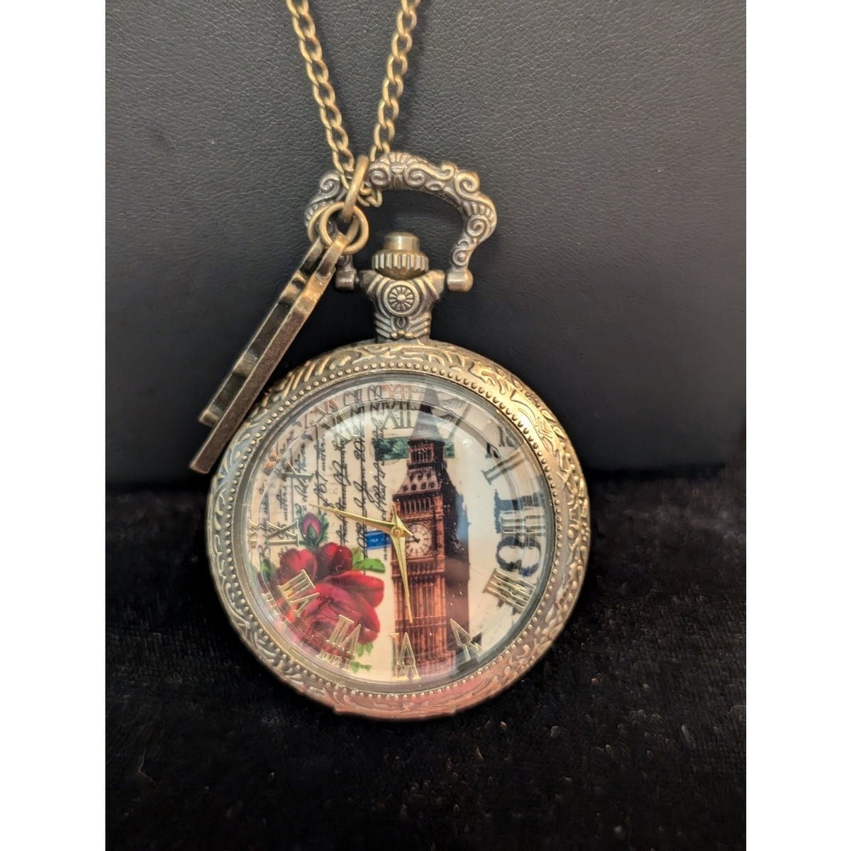 Paris Antiqued Bronze Retro VTG Style Steampunk Quartz Open Face Charm Necklace