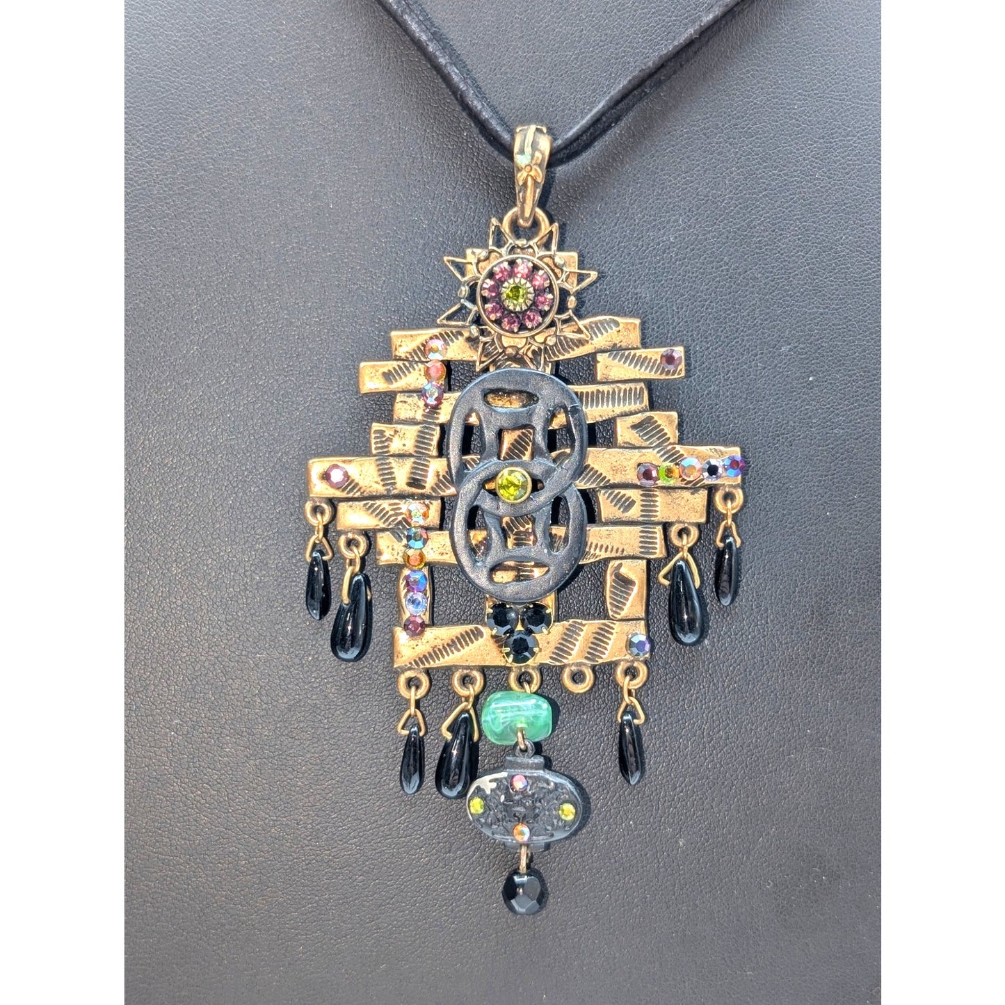 Chico's Antiqued Gold Rhinestone Dangle Double Leather Corded 30" Necklace