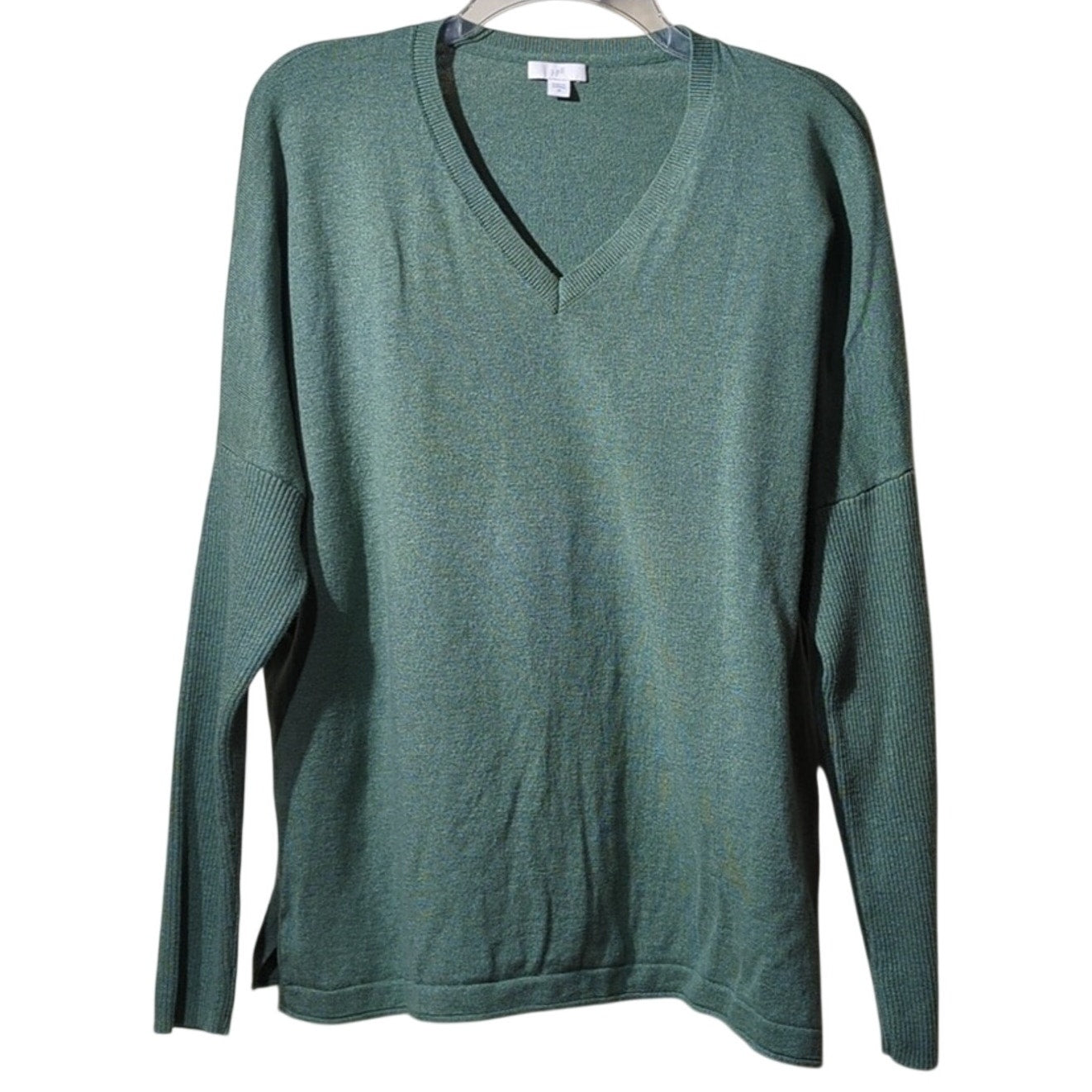 J.Jill Green V-Neck Ribbed Drop Sleeve Rolled Hem Oversized Sweater Women's Sz M