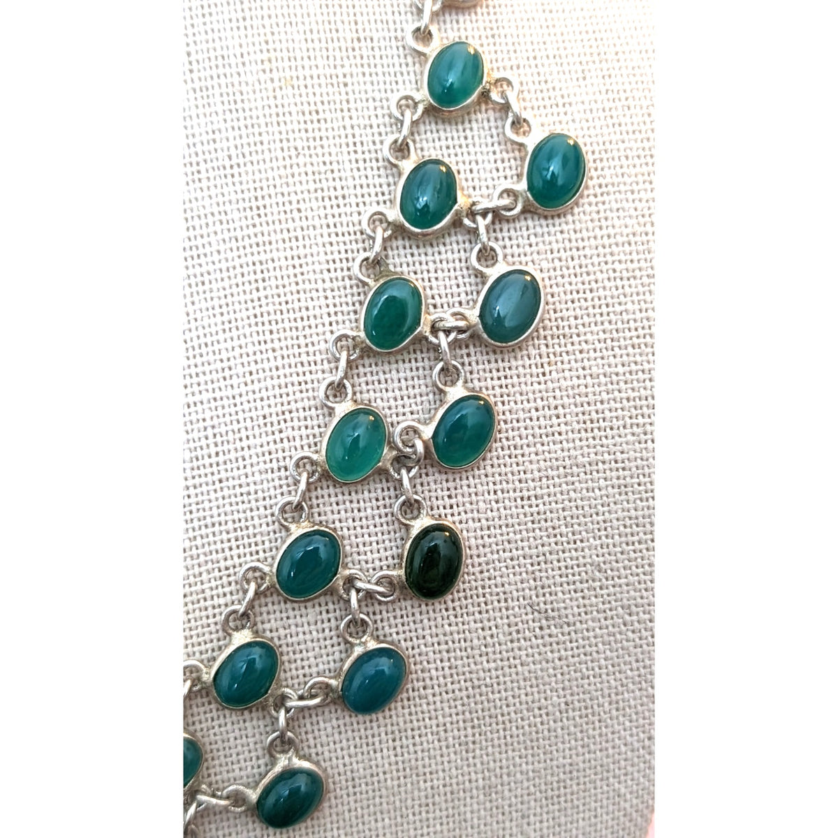 Vtg Green & Red Onyx Cabochons 925 Sterling Silver Collar Hook Clasp Necklace