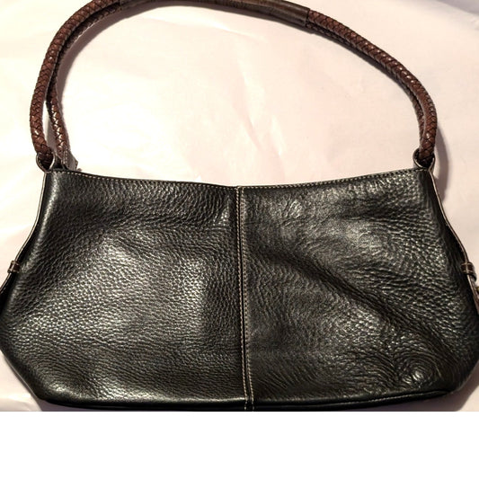 Vintage Fossil Black Brown Pebbled Leather Braided Handle Shoulder Bag