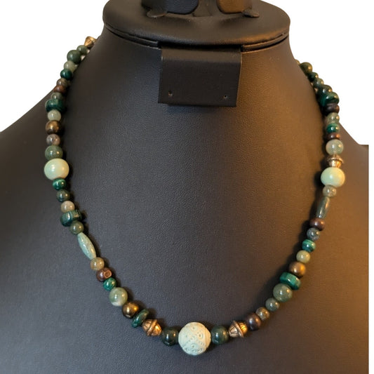 Green Stone Glass Bead Necklace W/ Carved Mint Green Center Bead