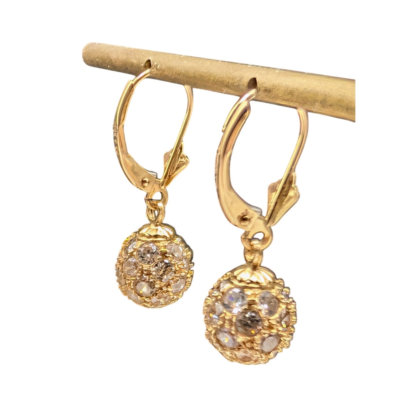 Vintage 14K Cubic Zirconia Fire Ball Dangle Lever Back Earrings