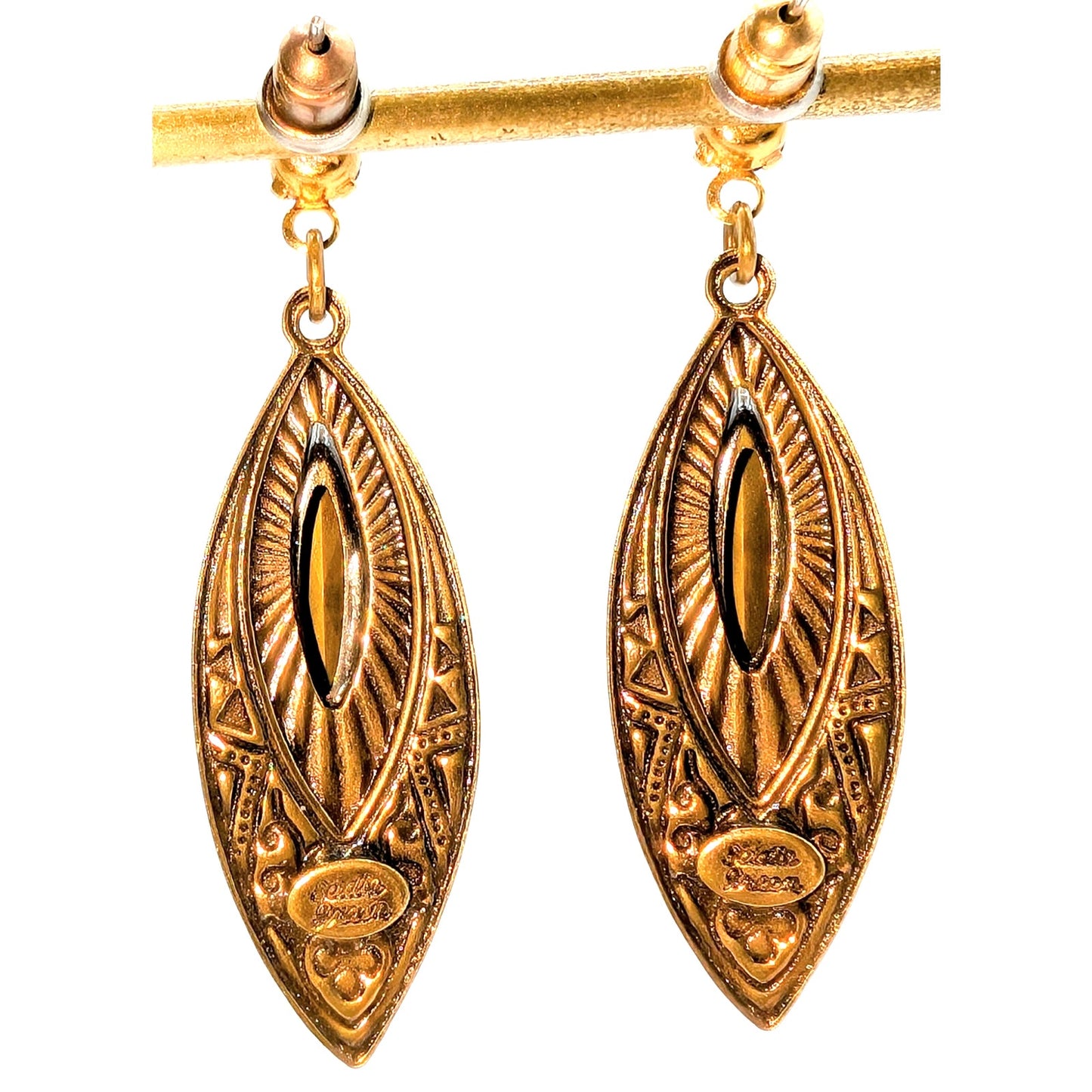 VTG Signed SADIE GREEN Bronze Marquis Blue Renaissance Revival Dangle Earrings