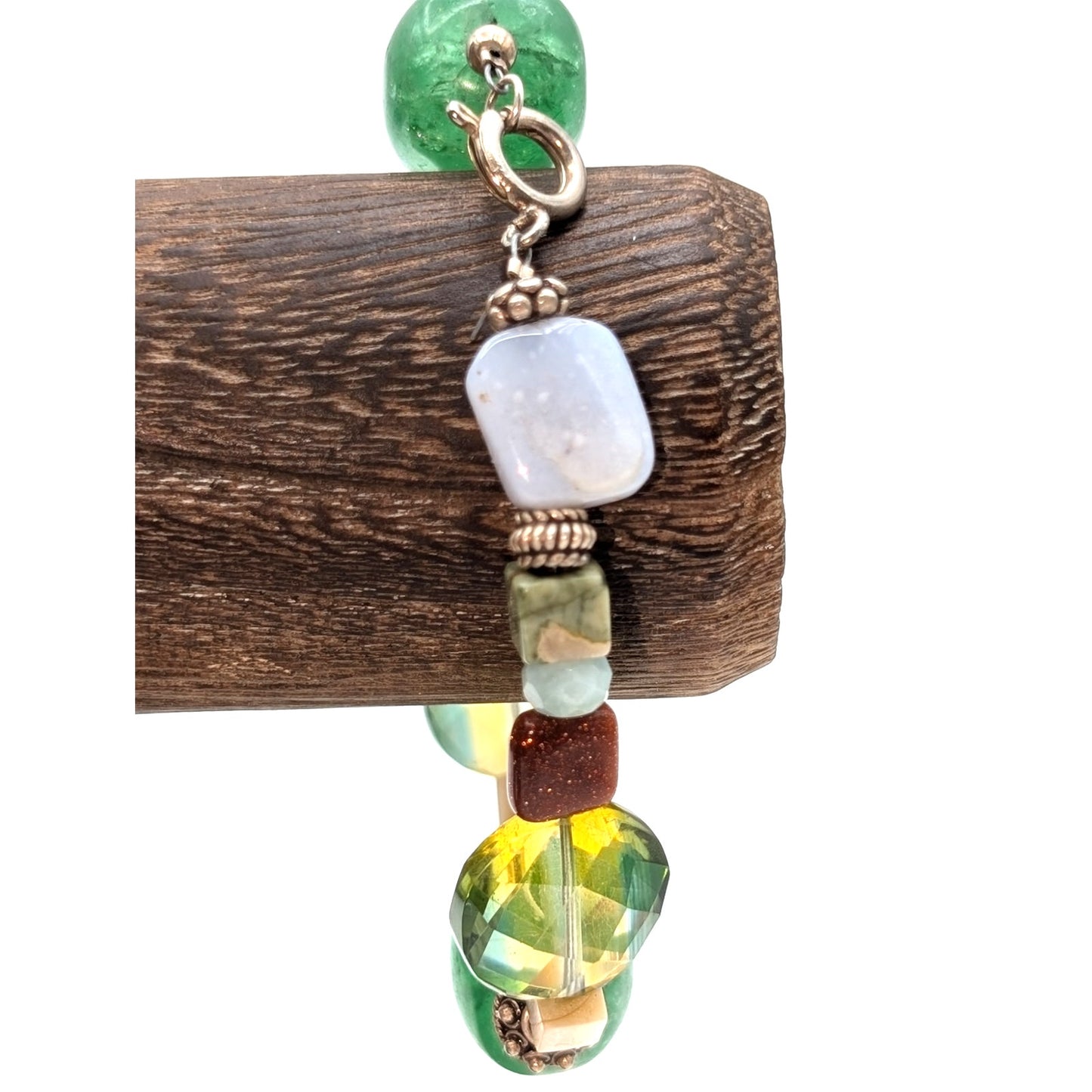 Vintage Green Glass & Crystal Agate Goldstone MOP Bead Silver Tone Bracelet