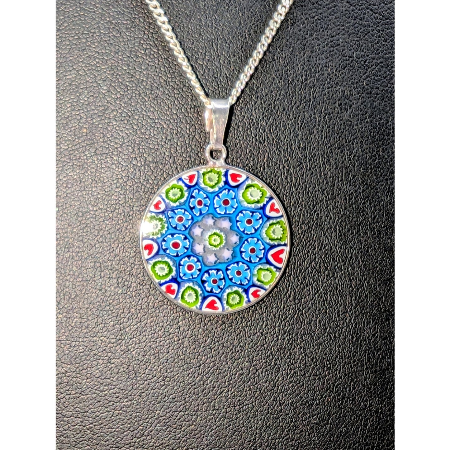 Signed M Italy 925 Murano Glass Millefiori Pendant 20" Sterling Chain Necklace