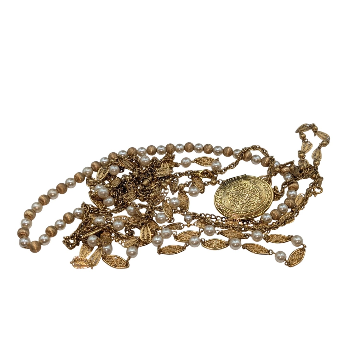 Lot of 4 Vtg Gold Tone Faux Pearl Fancy Chain Napier 1928 & Unbranded Necklaces