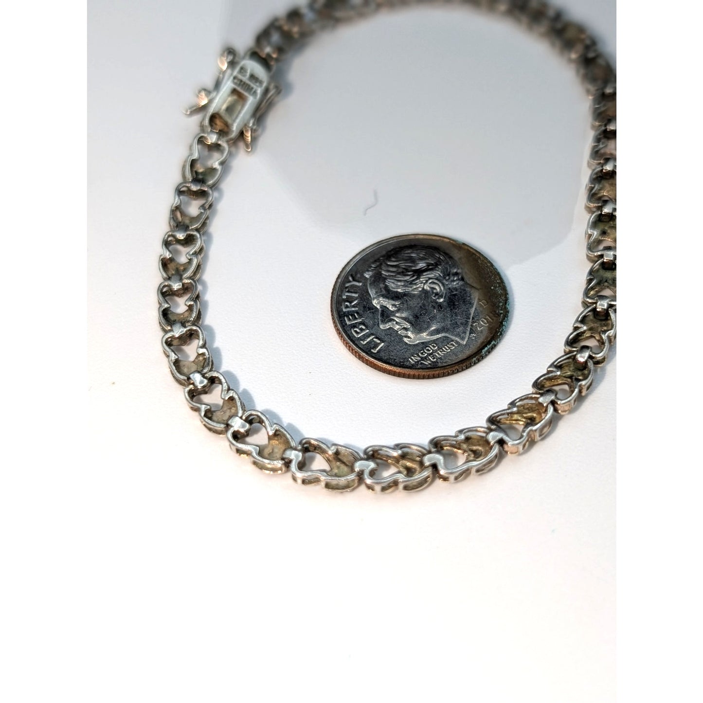 VTG 925 Sterling Silver Two Tone Dainty Heart Tennis Bracelet